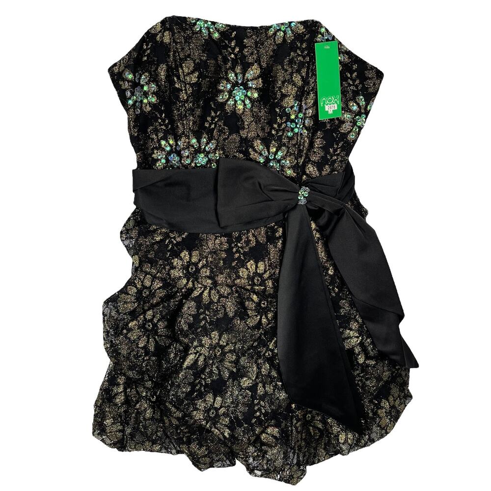 NWT NOX MINI DRESS Women's Size MEDIUM Black Gold STRAPLESS BEADED ANNABELLE